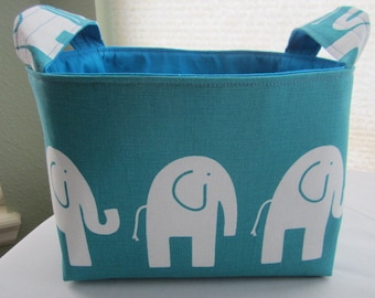 Organizer Storage Basket Bin Fabric -Turquoise Aqua with White Elephant