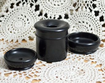 Antique Ebony Wooden Lidded Pot and Dishes for Trinkets & Treasures Pins Black Wood Made England 3 Piece Set 1920s