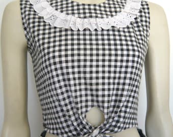 90s vintage gingham eyelet lace crop tie up top black white small