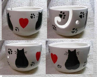 Red Hearts & Black Cats Pottery Yarn Bowl Handmade Original Earthenware Clay by Grace M Smith