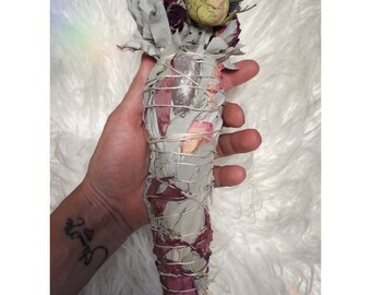 Raw Rose Quartz 'Unconditional Love' Crystal and Sage smudge stick bundle