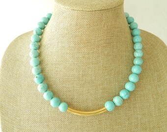 Turquoise bead necklace with curved brass bar, statement necklace, boho necklace, statement necklace, layering necklace, beach boho