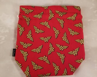 Knitting Project Bag, Wonder Woman, feminism, medium Drawstring Bag, medium project bag, Gift Bag, Cosmetic bag, gift for her