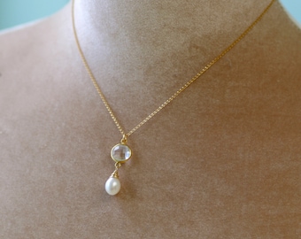 Gold bridal necklace pearl, crystal necklace, pearl drop necklace, bridal back drop necklace, bridal jewelry pearl - Bess