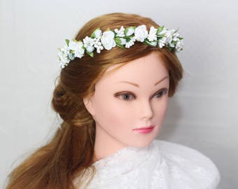 white flower girl crown, flower girl flower headband first communion crown, white baby halo, white flower crown, holy communion baptism halo