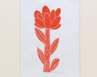 linocut - FLOWER // 5x7 art print // printmaking // block print // nature art // red orange // original // wildflower // 4x6 // miniature
