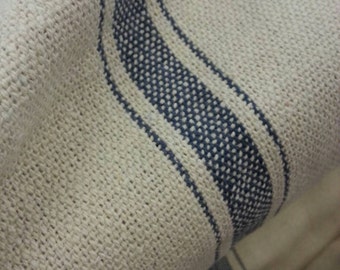 French Grain Sack Fabric - Farmhouse Cream Fabric - Blue 3 Stripe - 54" Wide - Upholstery Fabric - CONTINUOUS CUT