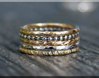 Set of 5 14k Gold Filled Sterling Silver Rings, Mixed Set of Layering Rings, 14k Gold Filled Ring Stack, Simple Stacking Rings,