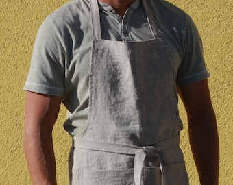 Long Linen Apron for Men - Chef apron - Handmade in Lithuania - Softened natural linen - Eco-friendly - Gift for him
