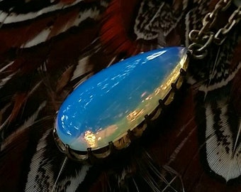 Antique Edwardian blue opaline glass teardrop open back pendant necklace