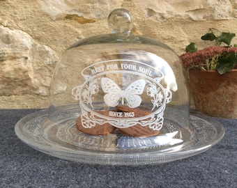 Vintage Inscribed Glass Display Cloche, Glass Dome and Plates, Serving Cloches, Vintage Shelf Display, Bell Jar Dome