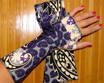 Black Purple Victorian Paslies mid wrist Fingerless Gloves Arm WarmersSize S M L XL