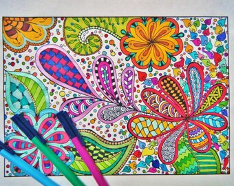 Coloring Page Printable - Zentangle Inspired Coloring - Zendoodle - Instant Download - Coloring Page D, Flower Power, Meditative Activity