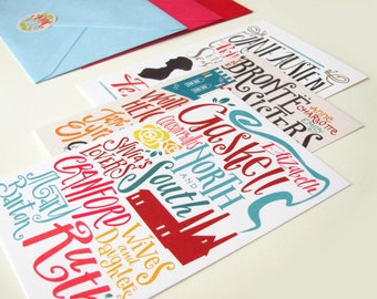 Jane Austen, Bronte, Gaskell bibliography cards (3.94 x 5.91) set of 3 cards with matching envelopes