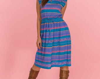 Vintage Jewel Toned Doodle Print Jersey Knit Dress (Size Medium/Large)
