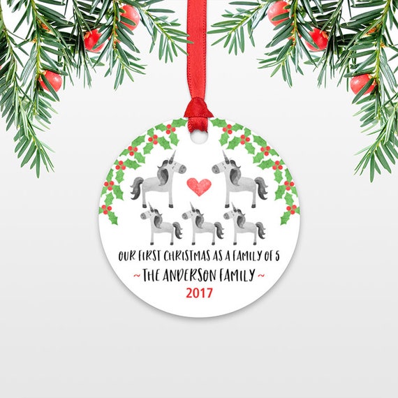 Unicorn First Christmas Baby Ornament Personalized Family Christmas Ornaments for Family of 5 Five New Baby Christmas Gift Family Ornament