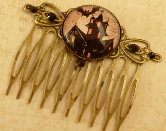 Hair comb with haunted house and bats in black bronze Halloween Hair Accessories original hair comb