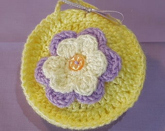 Pretty Crochet Circular Hanging Lavender Sachet in Sparkly Yellow with a Light Purple and Sparkly White Flower