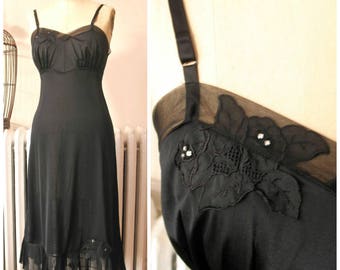 Vintage 1960s Black Dahlia Slip Nylon Full Slip with Floral Applique Rhinestones and Crystal Pleating Kickernick Label Size S Bust 32 / 34