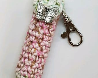 Butterfly Lip Balm Holder - Pink and Green Chapstick Case - Spring Lip Balm Cozy Keyring - Gifts for Her - Easter Basket Treat