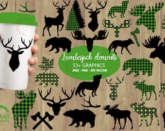 Lumberjack clipart, GREEN Buffalo plaid clipart, 54 Forest animal silhouettes, Moose, Trees, Wolf, Deer, Bear, Antlers, AMB-2360