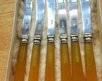 Boxed set of 6 EPSN and bakelite butter knives
