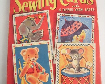 Vintage Toy Sewing Cards Hole Punched Whitman Publishing Company Mouse House Blue Bird Bluebird Cardboard Yarn