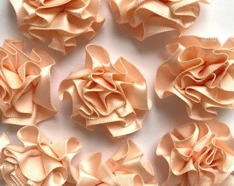 4 Large Peach Ribbon Ruffle Roses Rosettes Flowers 3.5cm - Card Making Embellishments Craft Sewing