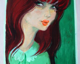 John Beaven (British, active 1940s - 1970s): Lady in Green - An original illustration artwork, circa late 1960s/ early 1970s,