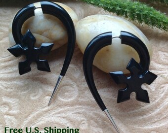 Fake Gauge Earrings, "Dragon Star" Naturally Organic, Horn, Hand Carved, Tribal