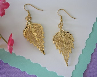 Gold Leaf Earrings, Birch Leaf, Real Leaf Earrings , 24kt Gold, Nature, Nature, Oragnic Earrings, LESM100