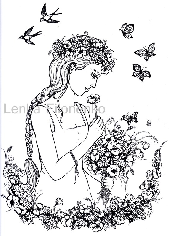 Download Coloring page Woman with Flowers Adult Coloring pages Art