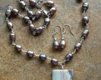 Grey pearl necklace - pearl and stone jewelry set - pearl pendant necklace and earrings - gray pearls - necklace and earrings set - gift set