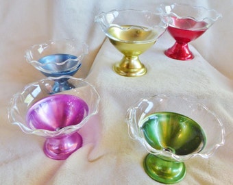 Set of five glass dessert dish inserts with colored aluminum bases from the 1950s