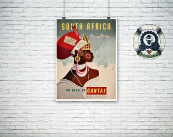rare vintage travel poster-South Africa - Australia AirlInes-travel - fine art print - design