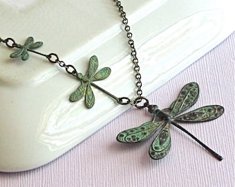 Dragonfly Necklace - Verdigris Patina Brass, Nature Jewelry, Dragonfly Jewelry, Nature Necklace