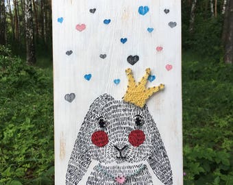 String Art Rabbit/Rabbit Wood Sign/Rabbit Picture/String Wall Art/String Art Animal/Rabbit Artwork/Rabbit Wall Art/Crown