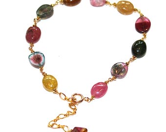 Watermelon Tourmaline Slice Bracelet Tourmaline Jewelry Tourmaline Bracelet Rainbow Tourmaline Station Bracelet Gemstone Jewelry