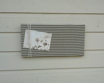 Linen Ticking Pin Board, Black and Tan striped Bulletin Board with macrame cord detailing, ready to ship for gift giving or order custom