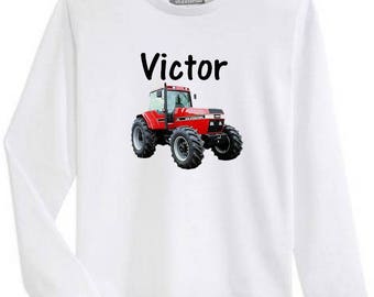 Boy tractor personalized with name long sleeve t-shirt