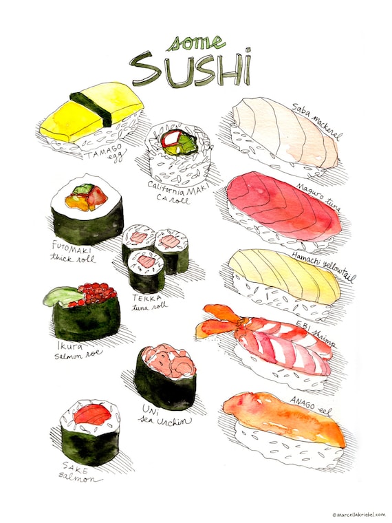 Types of Sushi Art Print / Japanese Food Watercolor w/ Tamago
