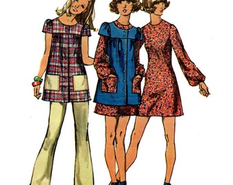 1970s Smock Top Mini Dress and Pants Pattern A Line Dress Art Smock Womens Pants Vintage Sewing Pattern Bust Junior 32 Simplicity 9834