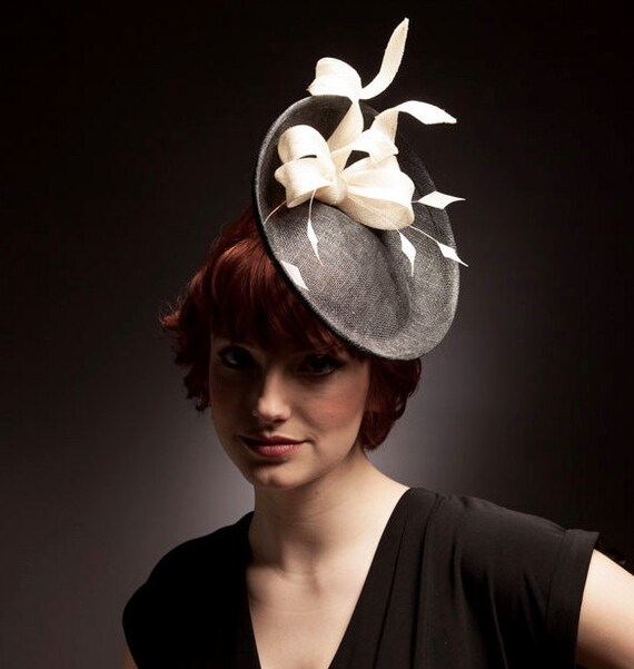 Black white saucer hat/ fascinator/ headpiece with ivory bow
