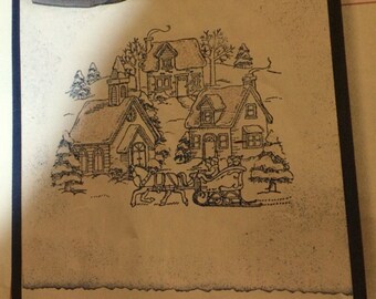 Stampin Up CHILL OF WINTER Set of 4 mounted stamp set 1998 Retired Snow Capped Trees Skaters Village Horse Sleigh