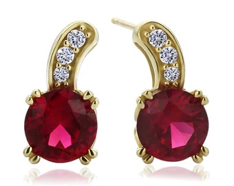 14K Yellow Gold Round Red Cubic Zirconia Stud Earrings(DJBSET292-E)