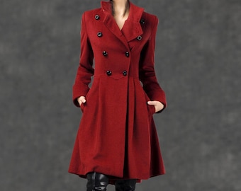 Military Coat, wool coat, winter coat, warm wool coat, fit and flare coat, red wool coat, custom coat, womens wool coat, warm coat (C788)