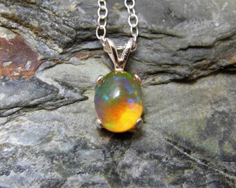 Ethiopian Opal Pendant Necklace Sterling Silver Necklace Natural Opal Cabochon Fire Opal 1.8 carats 10x8