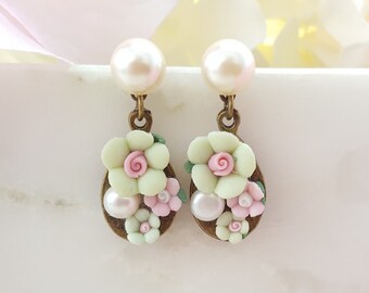 Mint Rose Earrings, Pink and Mint Earrings, Pink Flower Earrings, Pearl Earrings, Victorian Earrings, Pink Rose Porcelain Earrings, E8502