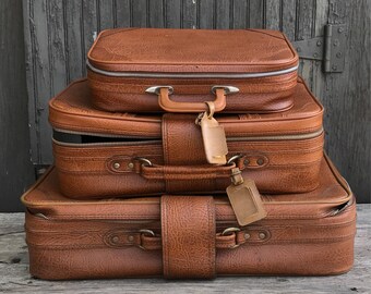 Vintage Brown Suitcase Leather Set of 3