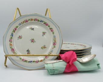 French vintage porcelain plates Limoges, set of 6 dessert plates, porcelain cake plates floral decor and golden borders